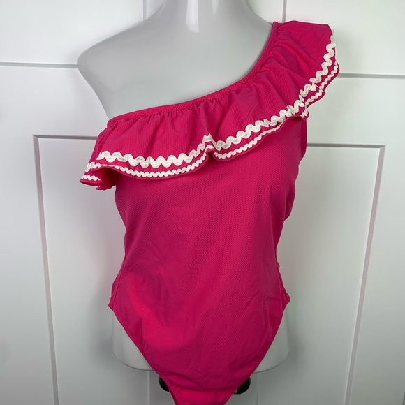 NWT J. Crew 12 Textured One Shoulder Ruffle One Piece Swimsuit Pink Preppy - Picture 2 of 6